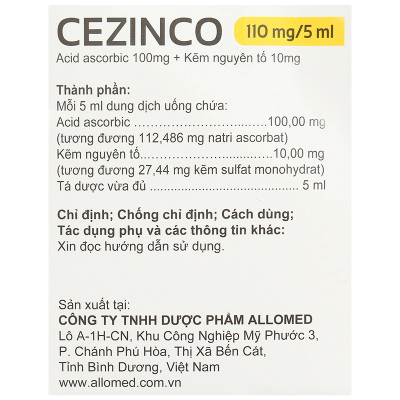 Dung dịch uống Cezinco 110mg/5ml Allomed phòng ngừa và điều trị thiếu vitamin C, thiếu kẽm hộp 30 ống - 9